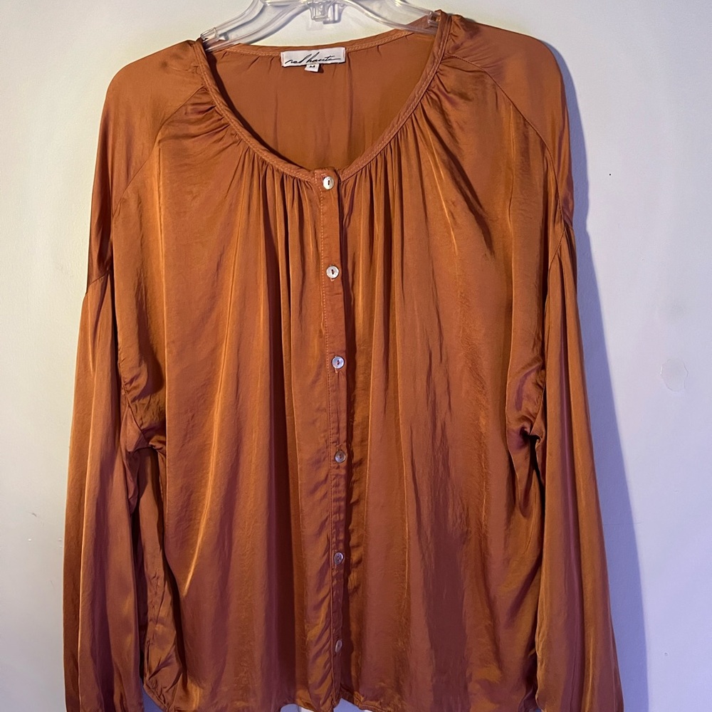 Red Haute Medium M Womens Rust Orange Gold Blouse Button Up Made in USA